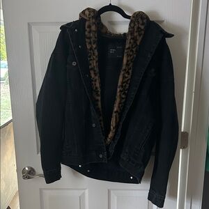 Zara Black Jean Jacket with Leopard Faux-Fur Lining